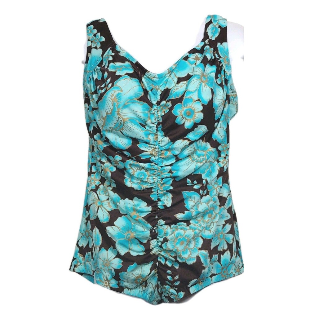 Maxine Of Hollywood Full Support 1 Piece Turquoise Floral Ruched Swimsuit 18W